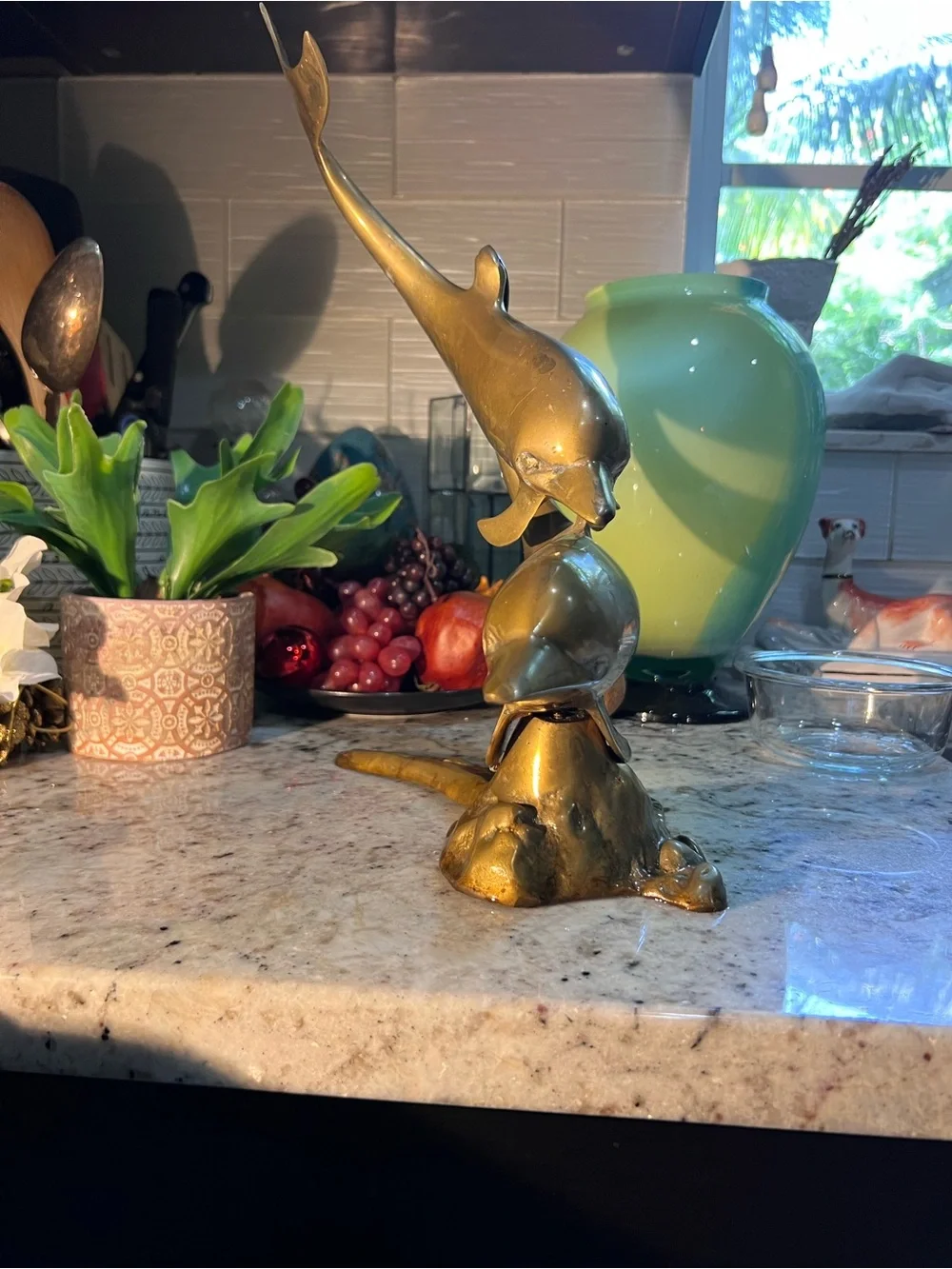 Mid Century Golden Brass Dolphin Duo Sculpture Tall!